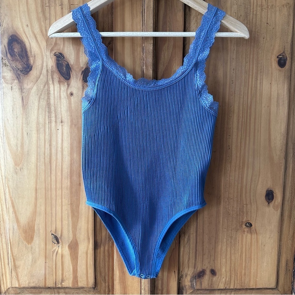 Blue Ribbed Bodysuit with Lace Trim Stretchy Soft Balletcore Summer